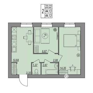 2-к квартира, строящийся дом, 44м2, 1/7 этаж