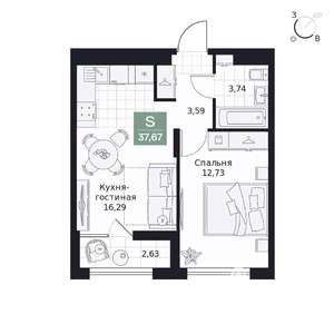 1-к квартира, вторичка, 38м2, 5/9 этаж