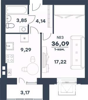 1-к квартира, строящийся дом, 36м2, 3/4 этаж