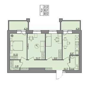 3-к квартира, строящийся дом, 59м2, 6/7 этаж