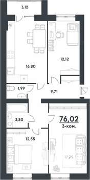 3-к квартира, строящийся дом, 76м2, 1/4 этаж
