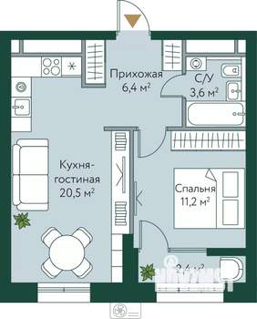 1-к квартира, строящийся дом, 44м2, 21/24 этаж