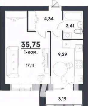 1-к квартира, строящийся дом, 36м2, 3/4 этаж