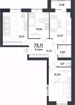 3-к квартира, строящийся дом, 73м2, 2/4 этаж