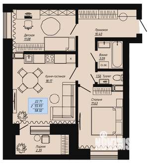 2-к квартира, вторичка, 58м2, 1/16 этаж