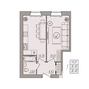 1-к квартира, вторичка, 36м2, 2/3 этаж