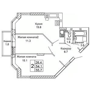 2-к квартира, сданный дом, 56м2, 9/9 этаж