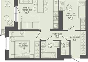 2-к квартира, вторичка, 56м2, 14/22 этаж