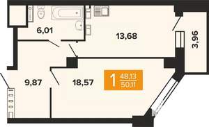 1-к квартира, вторичка, 50м2, 4/19 этаж