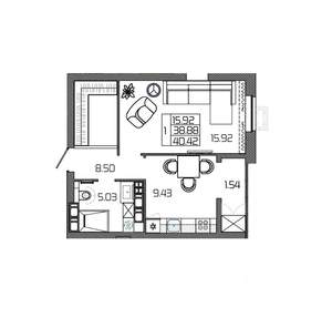 1-к квартира, вторичка, 40м2, 22/24 этаж