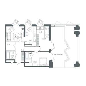 3-к квартира, вторичка, 99м2, 13/22 этаж
