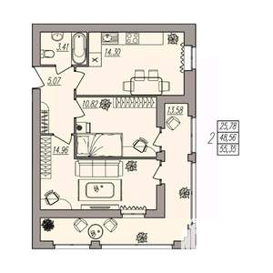 2-к квартира, вторичка, 55м2, 1/3 этаж