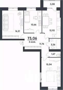 3-к квартира, строящийся дом, 73м2, 2/4 этаж