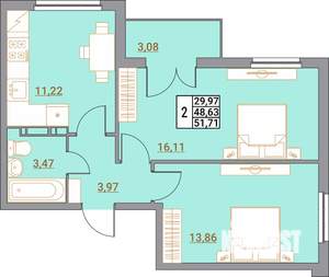 2-к квартира, вторичка, 52м2, 1/5 этаж
