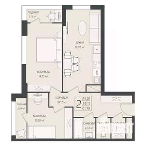2-к квартира, вторичка, 62м2, 13/17 этаж