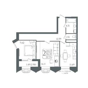 2-к квартира, вторичка, 58м2, 11/21 этаж