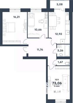 3-к квартира, строящийся дом, 73м2, 2/4 этаж