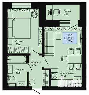 1-к квартира, вторичка, 39м2, 2/16 этаж