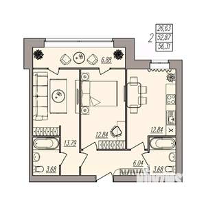 2-к квартира, вторичка, 56м2, 1/3 этаж