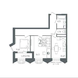 2-к квартира, вторичка, 58м2, 8/21 этаж