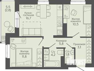 2-к квартира, вторичка, 57м2, 6/22 этаж