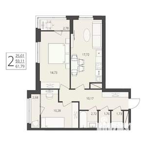 2-к квартира, вторичка, 62м2, 2/17 этаж