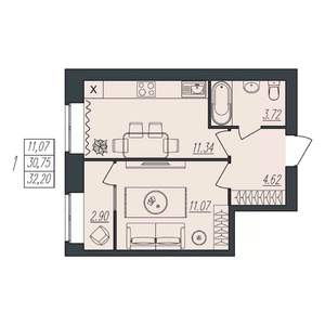 1-к квартира, вторичка, 32м2, 10/10 этаж