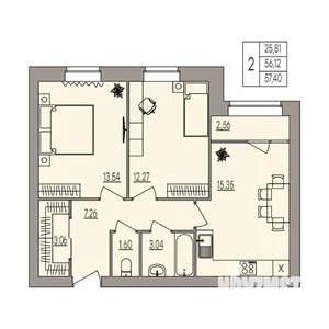 2-к квартира, вторичка, 57м2, 3/3 этаж