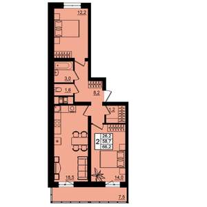 2-к квартира, вторичка, 66м2, 5/16 этаж