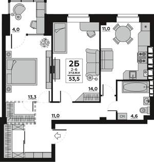 2-к квартира, вторичка, 53м2, 5/6 этаж