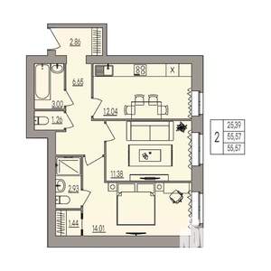 2-к квартира, вторичка, 56м2, 2/3 этаж