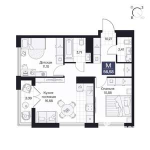 2-к квартира, вторичка, 57м2, 4/10 этаж
