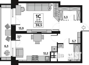 1-к квартира, вторичка, 40м2, 5/19 этаж