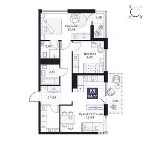 2-к квартира, вторичка, 65м2, 6/9 этаж