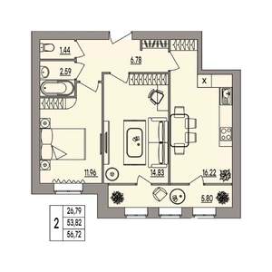 2-к квартира, вторичка, 57м2, 2/3 этаж