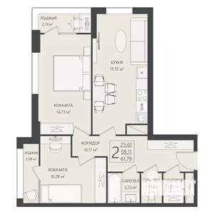 2-к квартира, вторичка, 62м2, 7/17 этаж