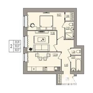 2-к квартира, вторичка, 56м2, 3/3 этаж