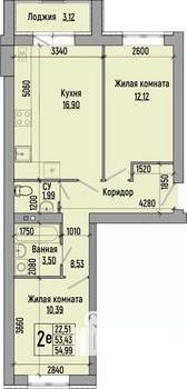 2-к квартира, строящийся дом, 55м2, 4/4 этаж