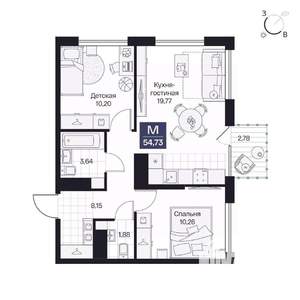 2-к квартира, вторичка, 55м2, 5/9 этаж