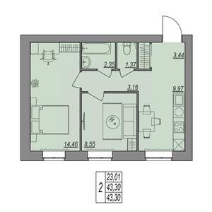 2-к квартира, вторичка, 43м2, 1/7 этаж
