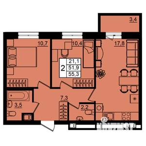 2-к квартира, вторичка, 55м2, 9/16 этаж