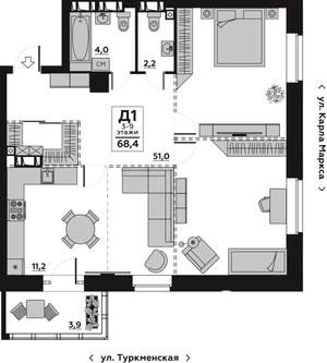 1-к квартира, вторичка, 68м2, 5/20 этаж