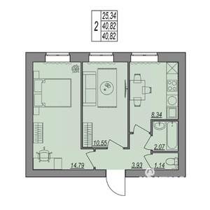 2-к квартира, вторичка, 41м2, 1/7 этаж