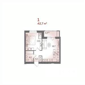 1-к квартира, вторичка, 43м2, 4/21 этаж