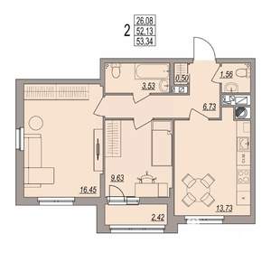 2-к квартира, вторичка, 53м2, 4/6 этаж
