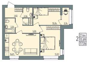 2-к квартира, вторичка, 57м2, 2/4 этаж