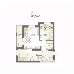 2-к квартира, вторичка, 69м2, 17/21 этаж