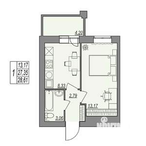 1-к квартира, строящийся дом, 29м2, 5/7 этаж