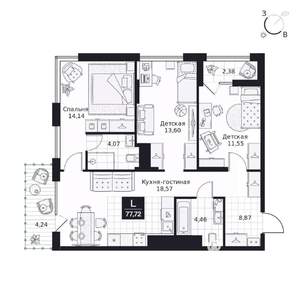 3-к квартира, вторичка, 78м2, 6/9 этаж