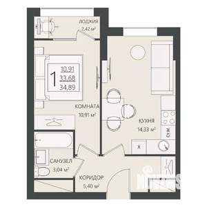 1-к квартира, вторичка, 35м2, 9/17 этаж